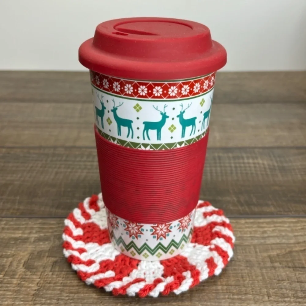 Handcrafted Crochet Peppermint Coasters Christmas Holiday‎ Set of 4 Cotton